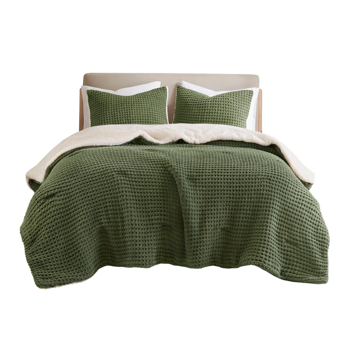 3 Pieces Full/Queen Waffle Knit Chenille Comforter Set in Olive, photo 8 of 10