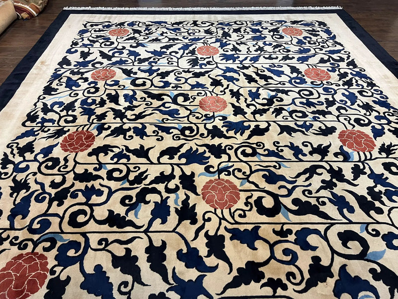 Antique Chinese Peking Rug 10x14, Beige Black, Handmade Wool Art Deco Carpet by Jewel Rugs