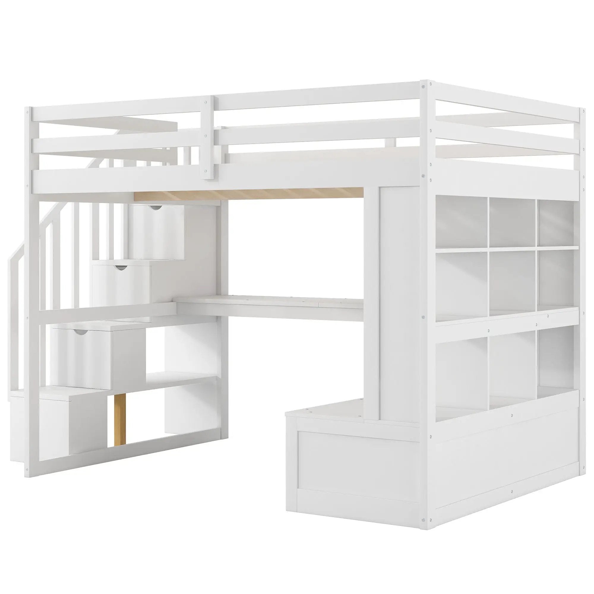 Full Size Loft Bed With Desk And Shelves, 2 Built In Drawers, Storage Staircase - White by HouseOfZazla