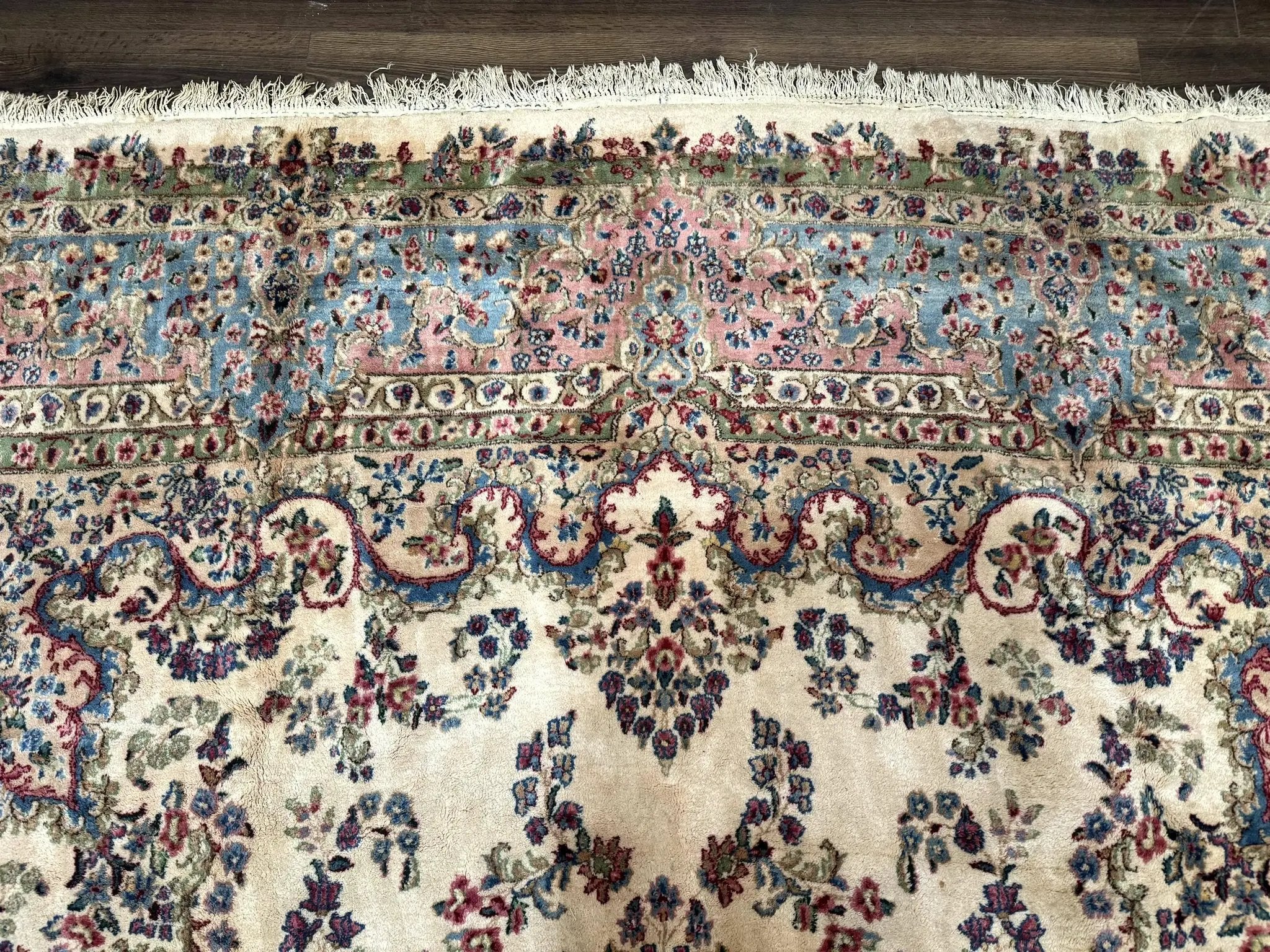 Palace Size Persian Kerman Rug 11x20 ft, Very Fine 340 KPSI, Vintage Oversized Wool Handmade Large Persian Carpet, Beige Light Blue Pink by Jewel Rugs