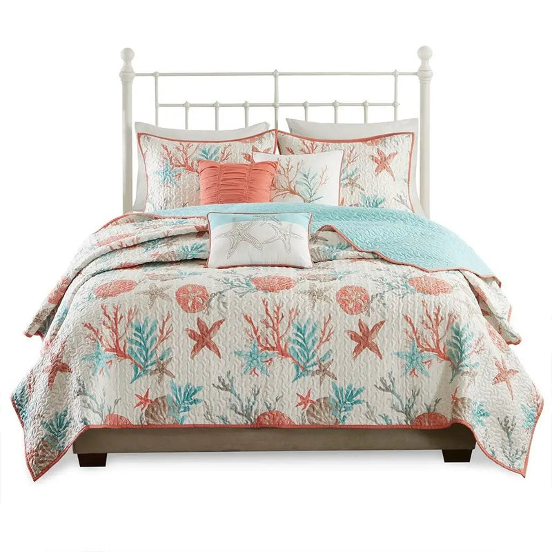 6 Piece Cotton Sateen Quilt Set with Throw Pillows Coral Full/Queen by HouseOfZazla