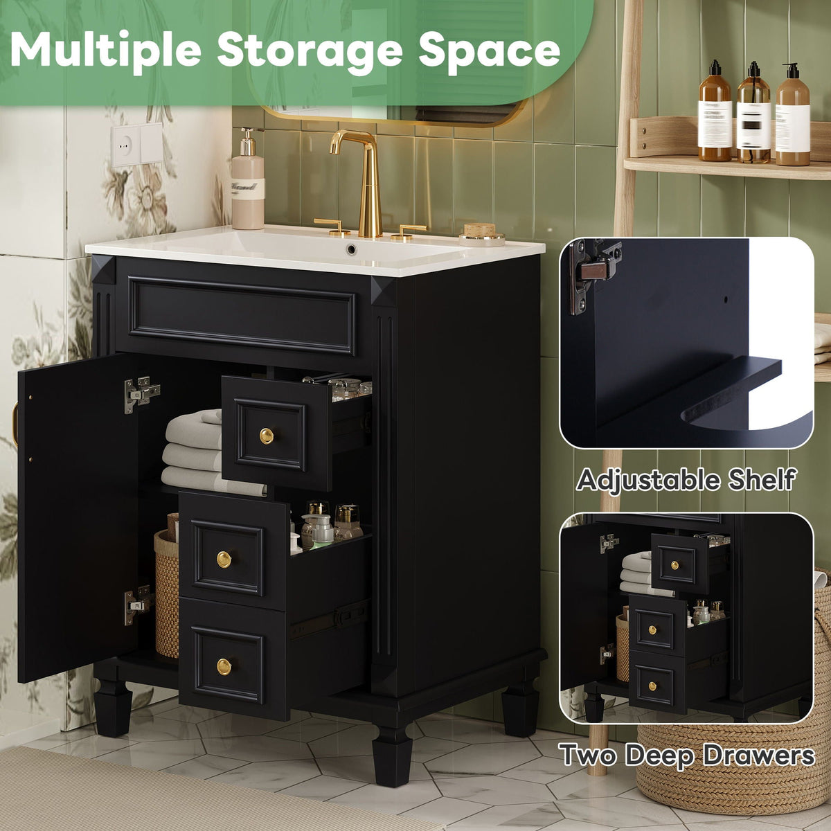 Bathroom Vanity With Sink, Compact Cabinet & 2 Drawers And Adjustable Shelf, photo 17 of 40