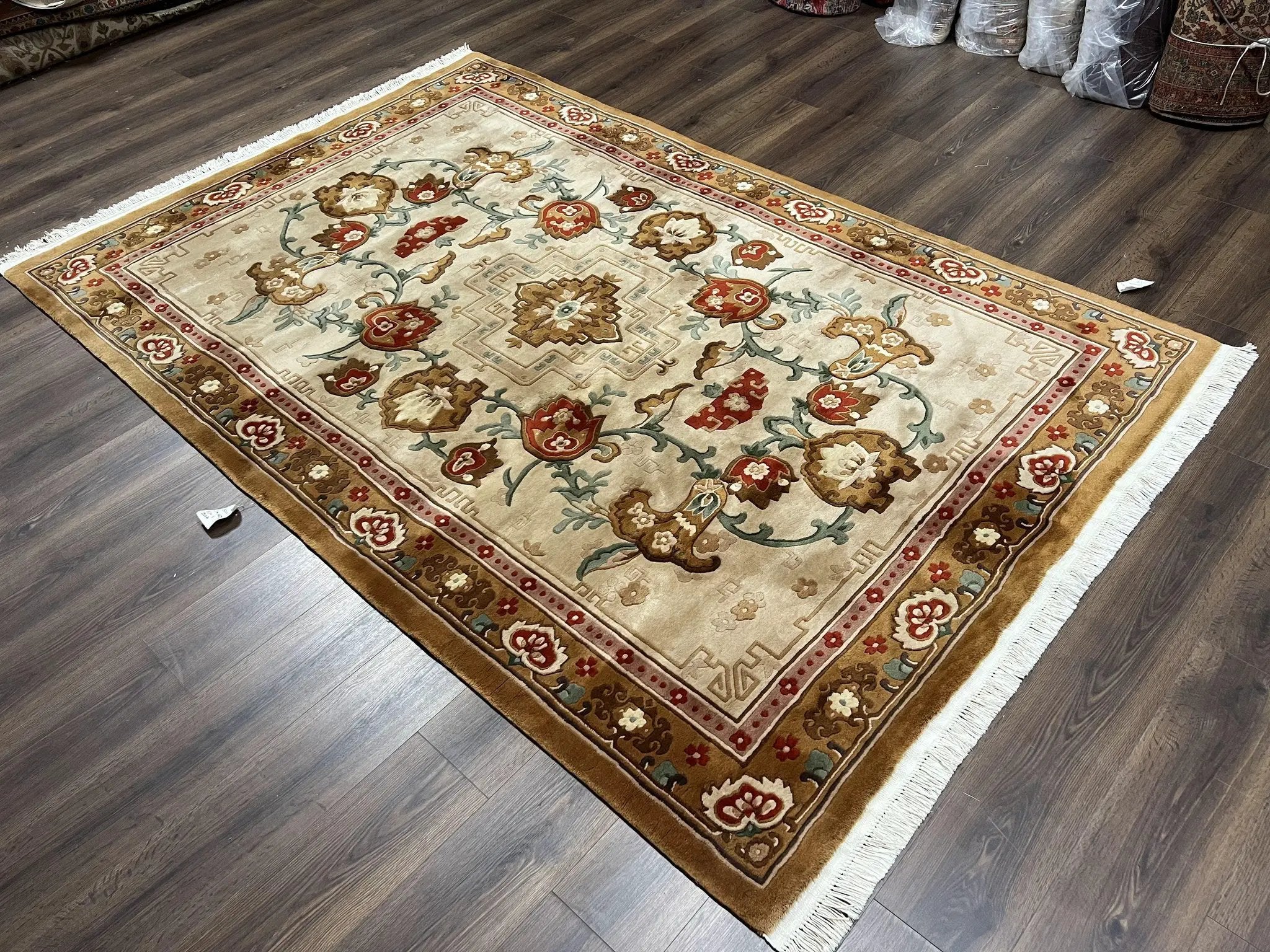 Chinese Wool Rug 5.9 x 9, Tan and Brown Asian Art Deco Carpet, Vintage 1960s Oriental Rug, Hand-Knotted Rug, Soft Wool, Medallion, Pair B by Jewel Rugs