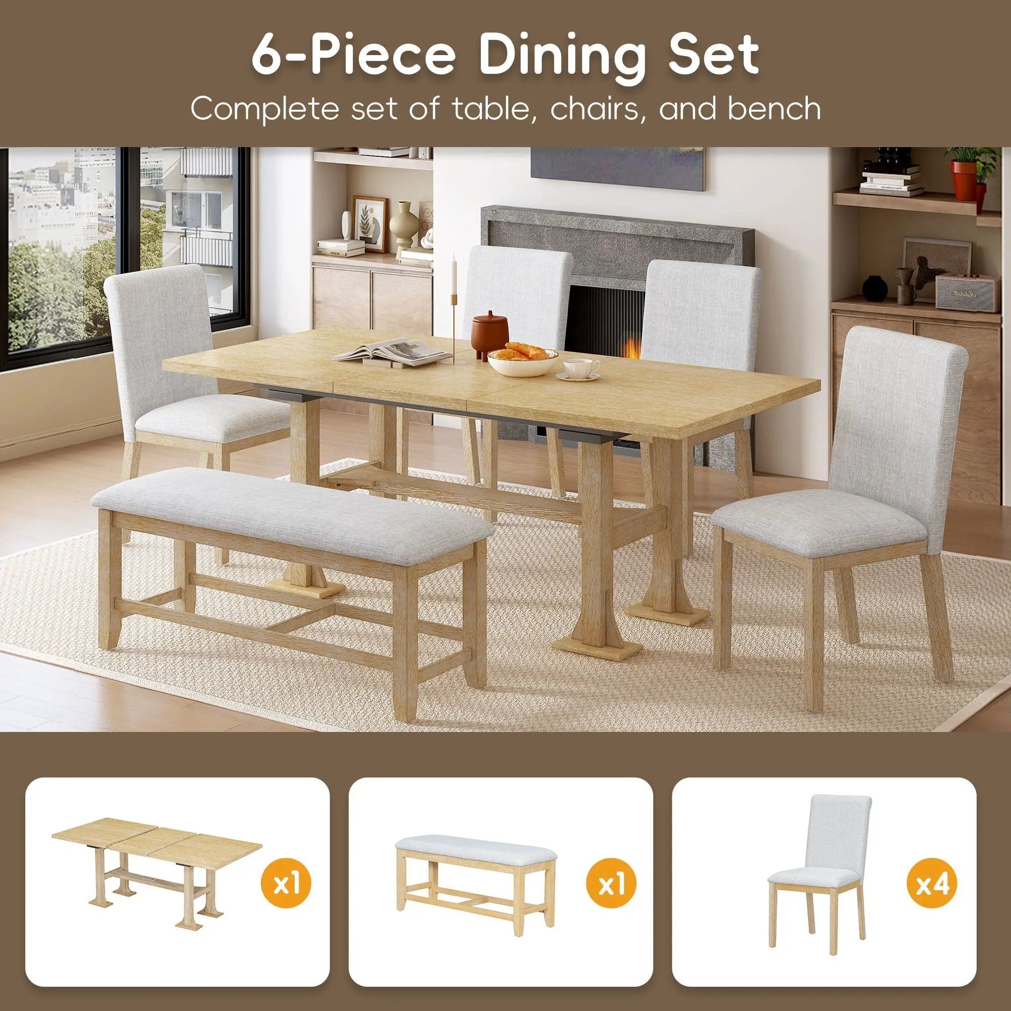 Topmax - 6 Piece Farmhouse Extendable Dining Table Set Trestle Kitchen Table Set With Removable Leaf And Upholstered Dining Chair And Bench For Dining Room by HouseOfZazla