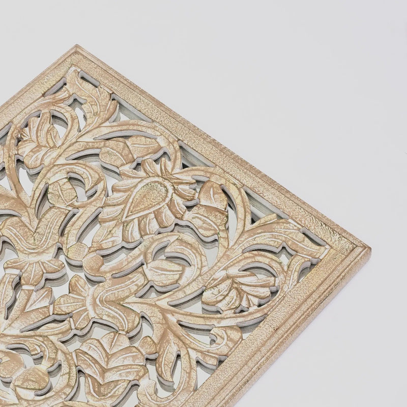Floral Hand Carved Mandala Rectangle Wall Decor With Mirror - Antique Brown / White by HouseOfZazla