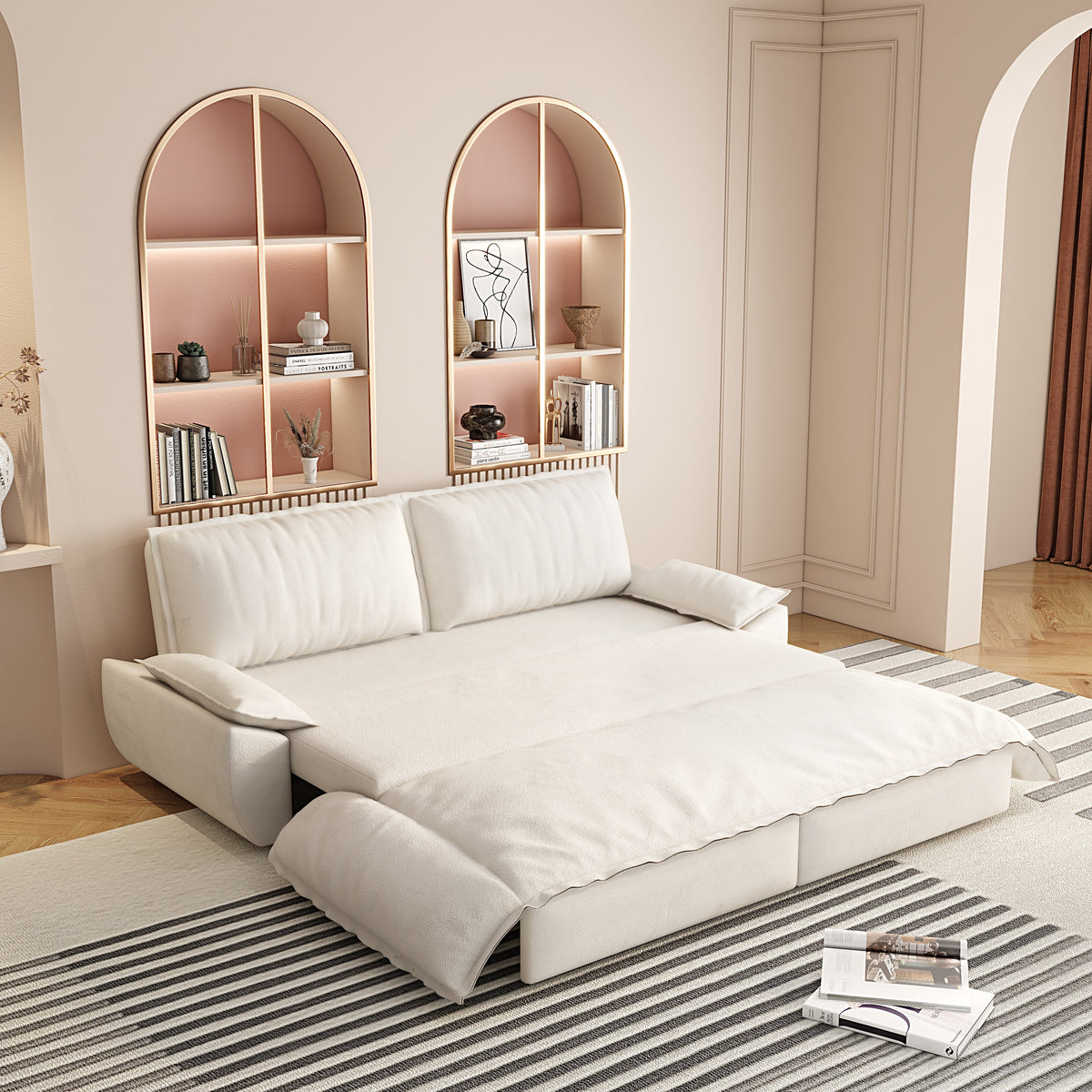 3-in-1 Convertible Velvet Sofa Bed with Queen Pull Out Sleeper - Beige/White, photo 4 of 10