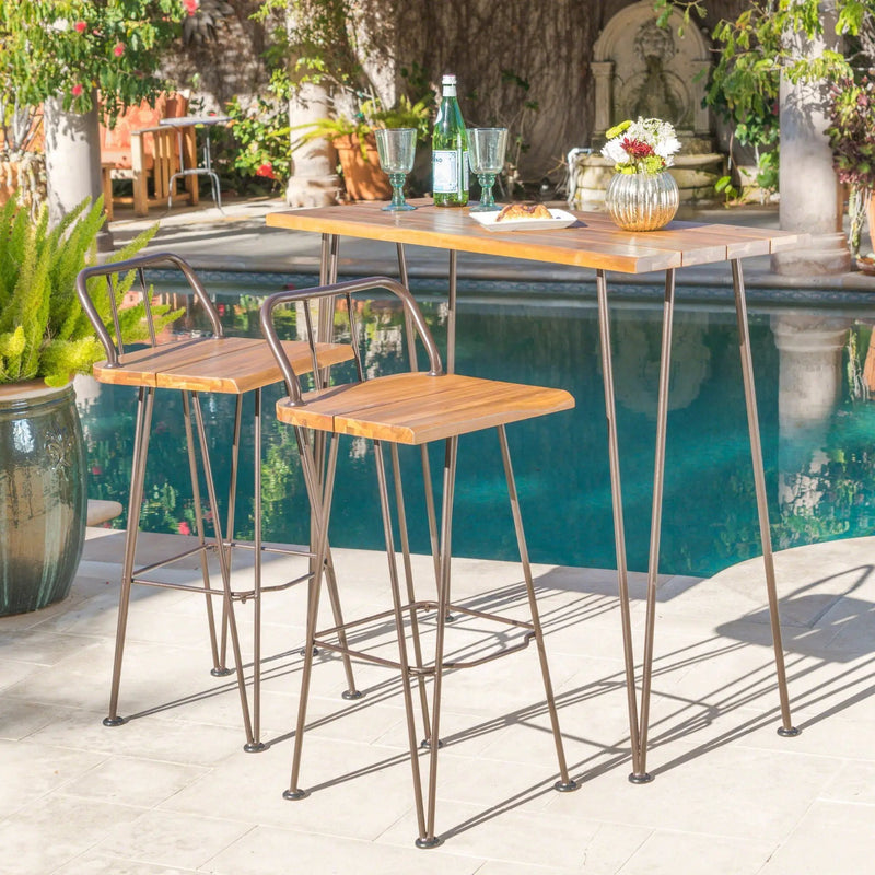 Dione Outdoor Industrial Acacia Wood Bar Set With Metal Frame And Slat Paneling - Brown by HouseOfZazla