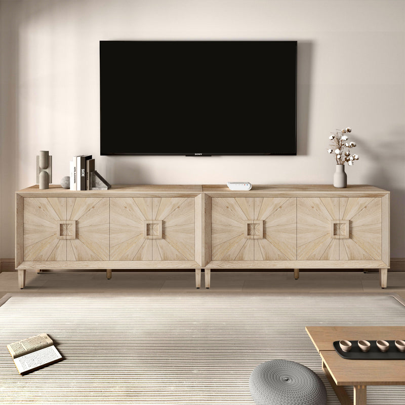 60'' Premium Rustic American Farmhouse Credenza - Symmetrical Sunburst Door Design, Heavy-Duty Antique Wood TV Stand with Adjustable Shelves, Storage Cabinet for Living Room/Kitchen (Antique Natural), photo 3 of 9