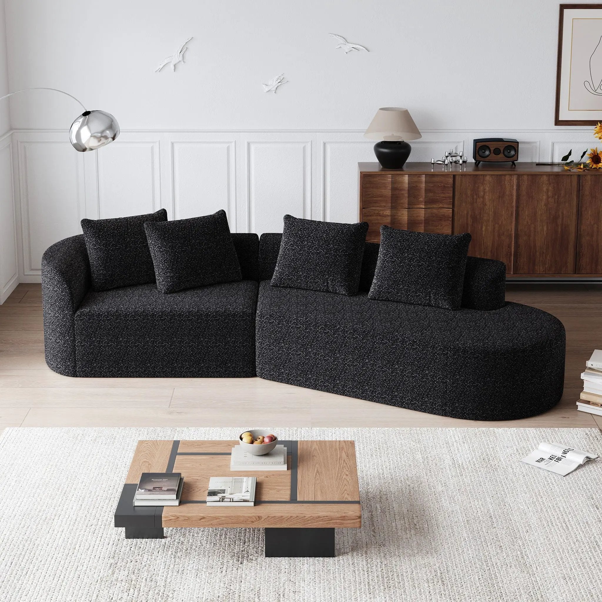Upholstered Oversized Sectional Sofa, 4 Seater Extra Deep & Wide Curved Cloud Couch With 4 Throw Pillows For Living Room - Black by HouseOfZazla