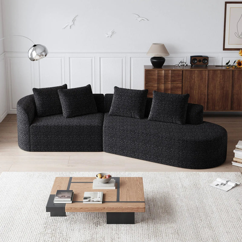 Upholstered Oversized Sectional Sofa, 4 Seater Extra Deep & Wide Curved Cloud Couch With 4 Throw Pillows For Living Room - Black by HouseOfZazla