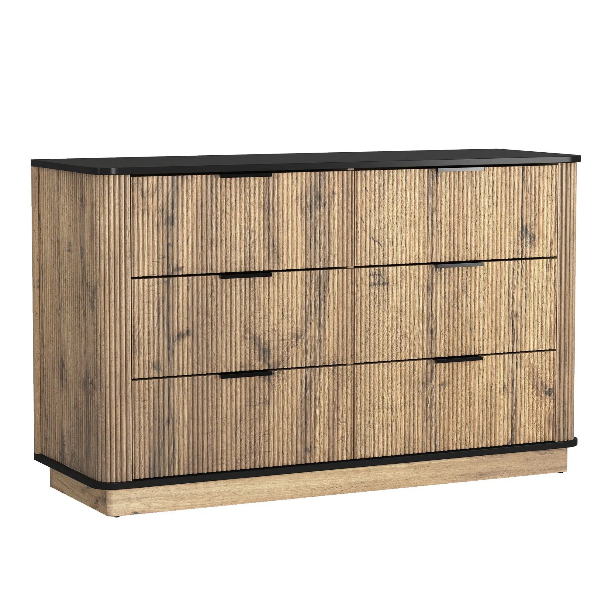 Modern 6 Drawer Cabinet With Metal Rounded Corners And Exquisite Handles Multi Functional Storage - Natural Wood by Unique Piece Furniture