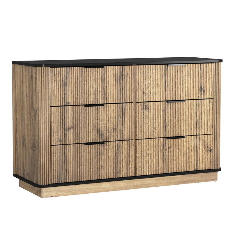 Modern 6 Drawer Cabinet With Metal Rounded Corners And Exquisite Handles Multi Functional Storage - Natural Wood by Unique Piece Furniture
