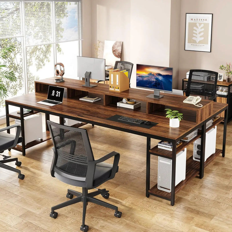 2 Person Desk With Monitor Stand, Long Office Workstation With Dual Storage Shelves And Frame - Brown / Black by HouseOfZazla