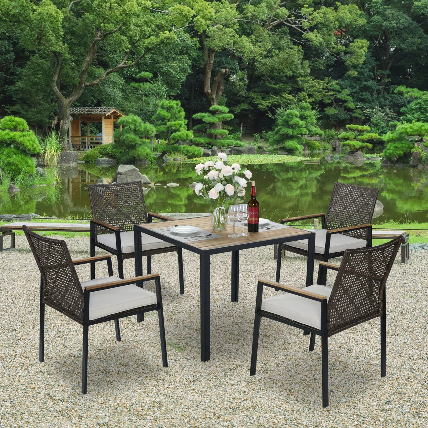 5 Piece Patio Dining Table Set, Acacia Wood Table Top With Umbrella Hole by HouseOfZazla