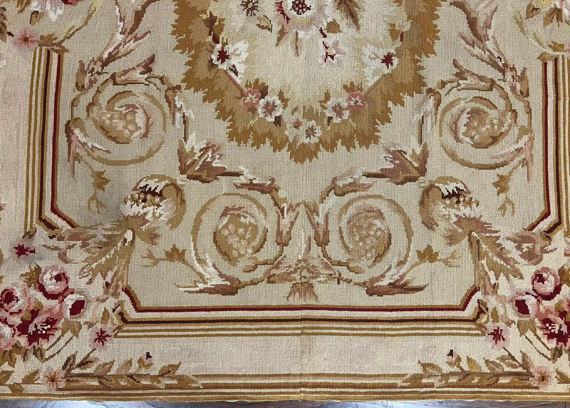 Aubusson Needlepoint Rug 4x5 ft, Beige and Tan, Aubusson Savonnerie Vintage Carpet, Handwoven Handmade Wool Rug, European Design Floral Rose by Jewel Rugs