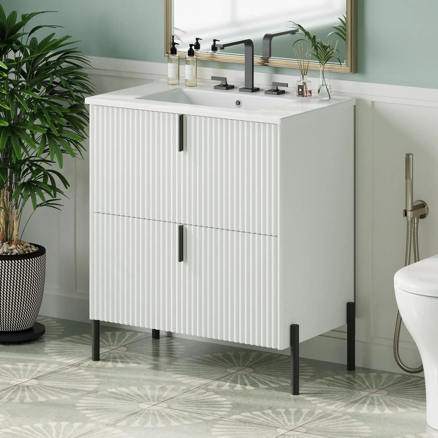Fluted Bathroom Vanity With Ceramic Sink, Freestanding Design by HouseOfZazla