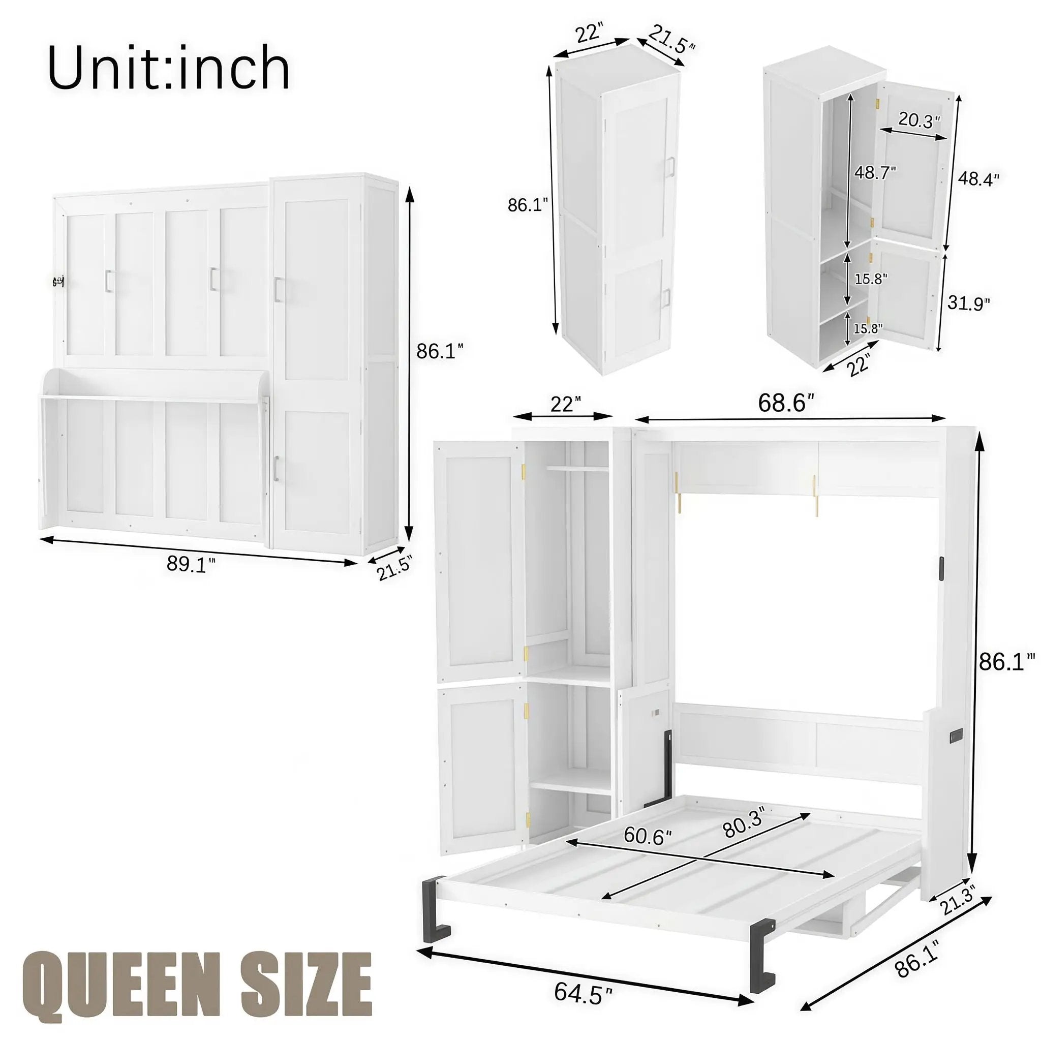 Queen Size Murphy Bed With Wardrobe, Space-Saving Hidden Wall Bed With Desk And Charging Station - White by Unique Piece Furniture