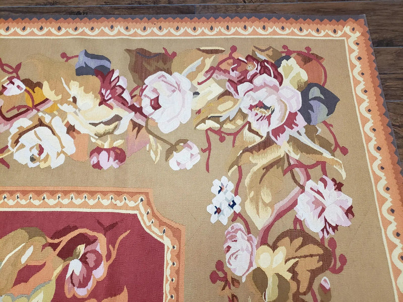 Vintage Chinese Aubusson Savonnerie Flat Pile Rug 9.9 x 14.5 Wool Handwoven Red & Khaki Large Flowers Rug 9x14 - 10x15 Michaelian Kolhberg by Jewel Rugs