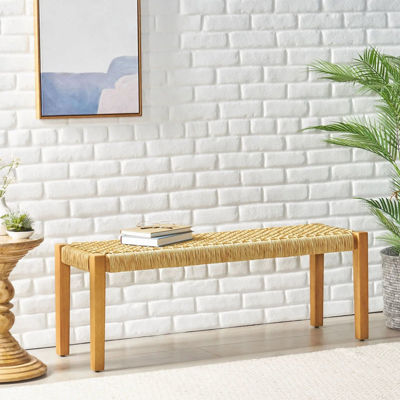 Angie Bench Outdoor Seating Acacia Wood Faux Rattan - Teak by HouseOfZazla