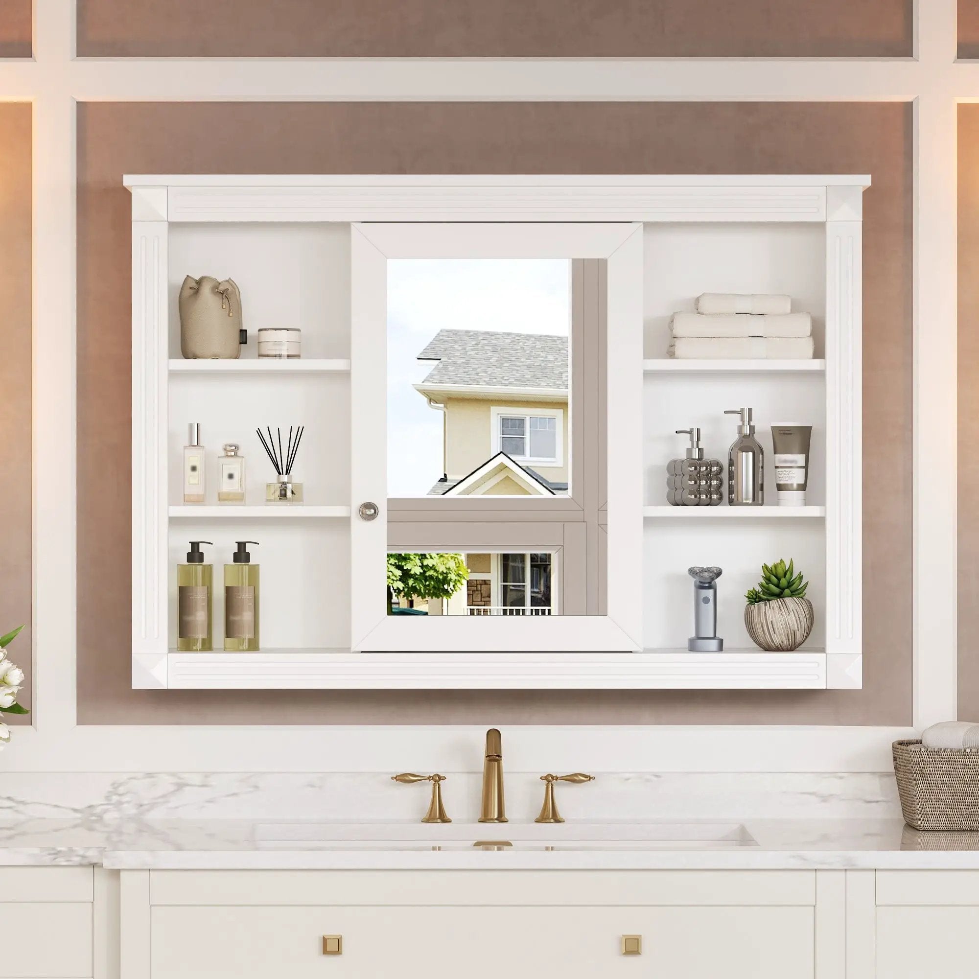 Wall Mounted Bathroom Storage Cabinet With Mirror, Medicine Cabinet With 6 Open Shelves And Adjustable Interior - White by Unique Piece Furniture