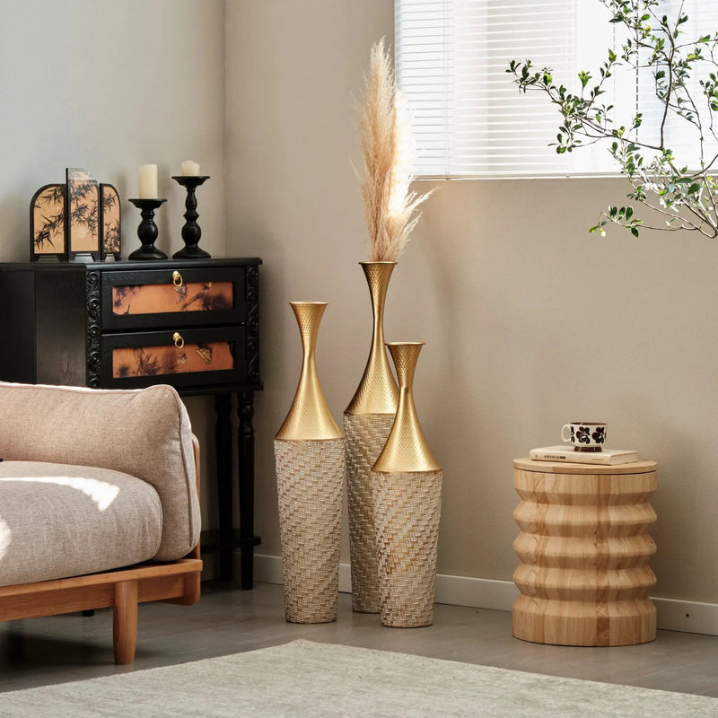 Floor Metal Vase Modern Style Decoration Home Woven Pattern Metal Vase 3 Piece Set Gorgeous Home Decoration Large Glazed Metal Vase - Champagne by Unique Piece Furniture