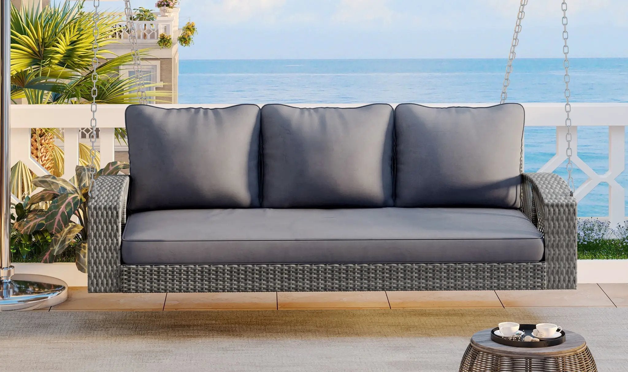 3 Person Large Patio Swing Bench With Cushions For Backyard