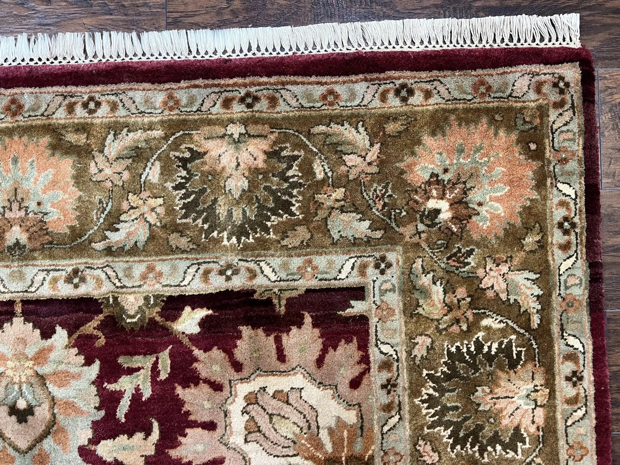 Indo Mahal Rug 6x9, Large Flowers Allover, Maroon and Green, Handmade Wool Area Rug, Vintage Rug, Indian Oriental Carpet, Hand Knotted Rug by Jewel Rugs