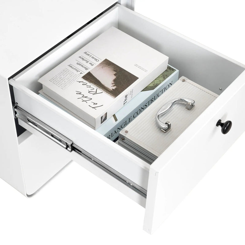 Modern Night Stand Storage Cabinet For Living Room Bedroom, Steel Cabinet With 2 Drawers, Bedside Furniture, Circular Handle - White by HouseOfZazla