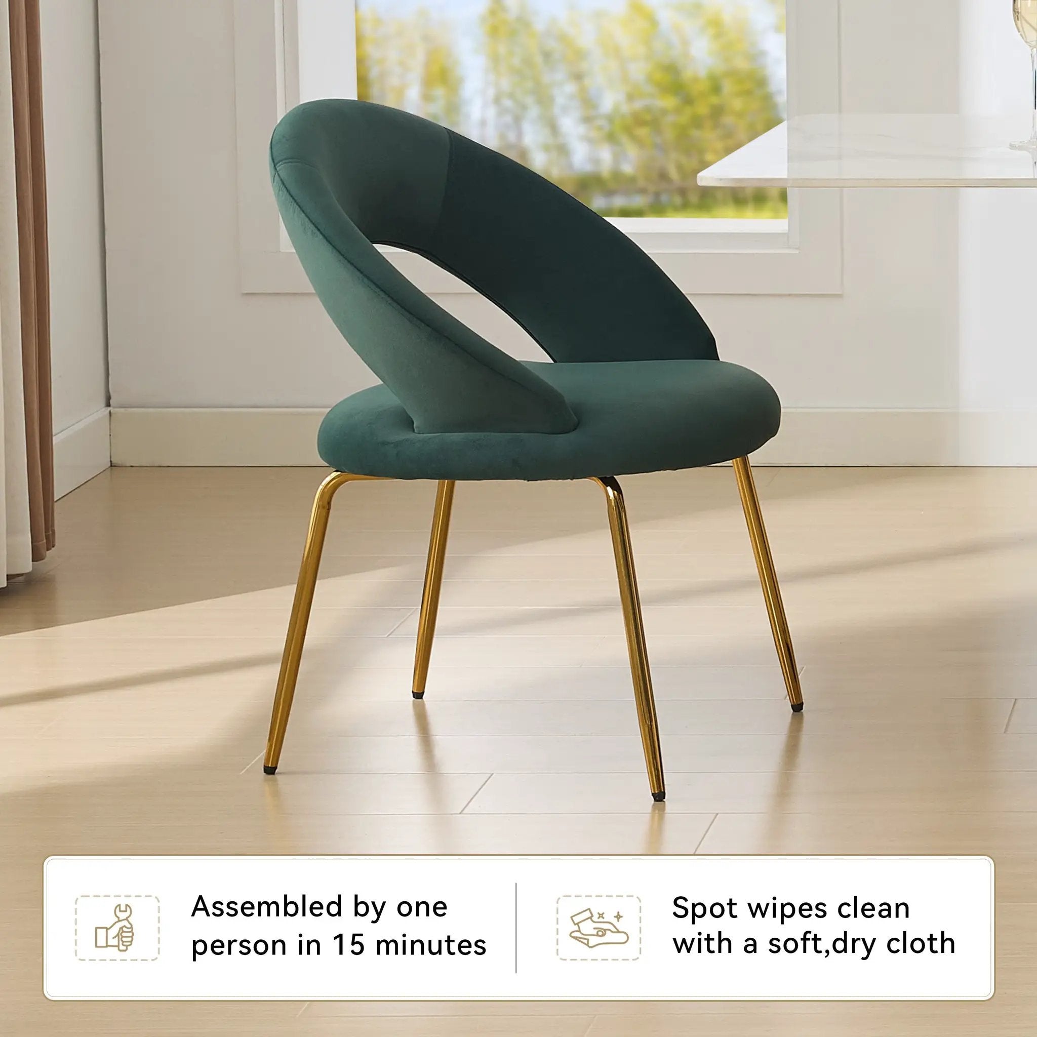 Velvet Fabric Dining Chair with Curved Backrest and Golden Metal Legs by HouseOfZazla