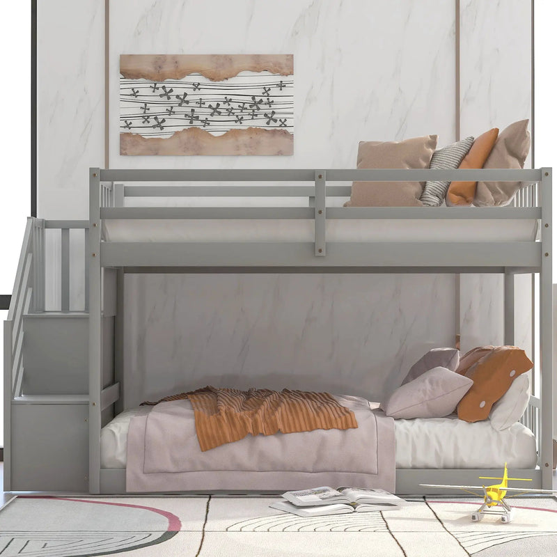 Twin Over Twin Floor Bunk Bed, Ladder With Storage by Unique Piece Furniture