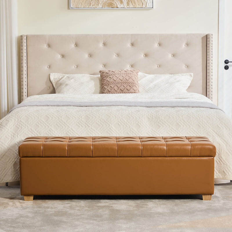 60.2'' Wide Upholstered PU Storage End of Bed Bench, Tufted Flip-Top Accent Window Bench Footrest Stool Ottoman with Legs for Living Room, Bedroom, Entryway, Dining Room, Dorm, Corner, Burnt, photo 3 of 9