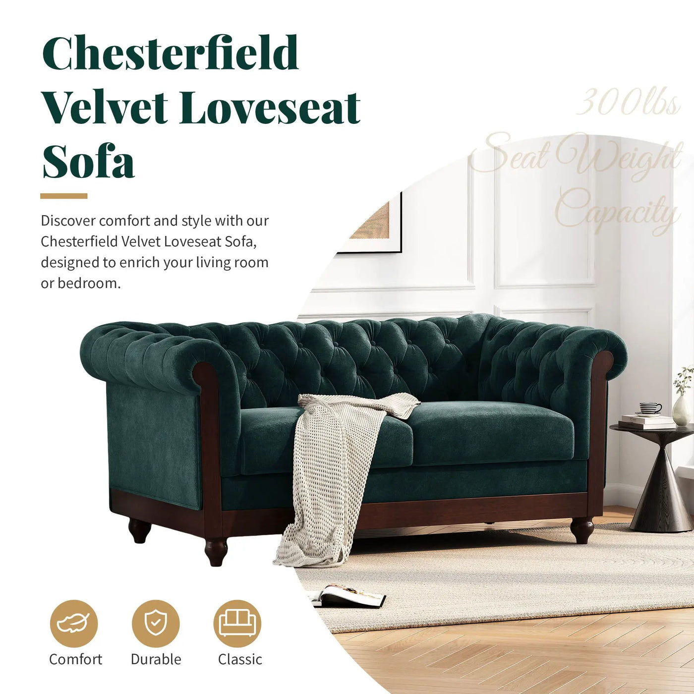 Chesterfield Loveseat Sofa, 2 Person Rolled Arm Upholstered Couch by HouseOfZazla