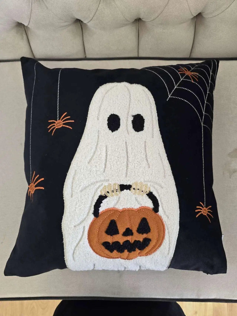 Halloween Ghost With Pumpkin Bucket Throw Pillow by HouseOfZazla