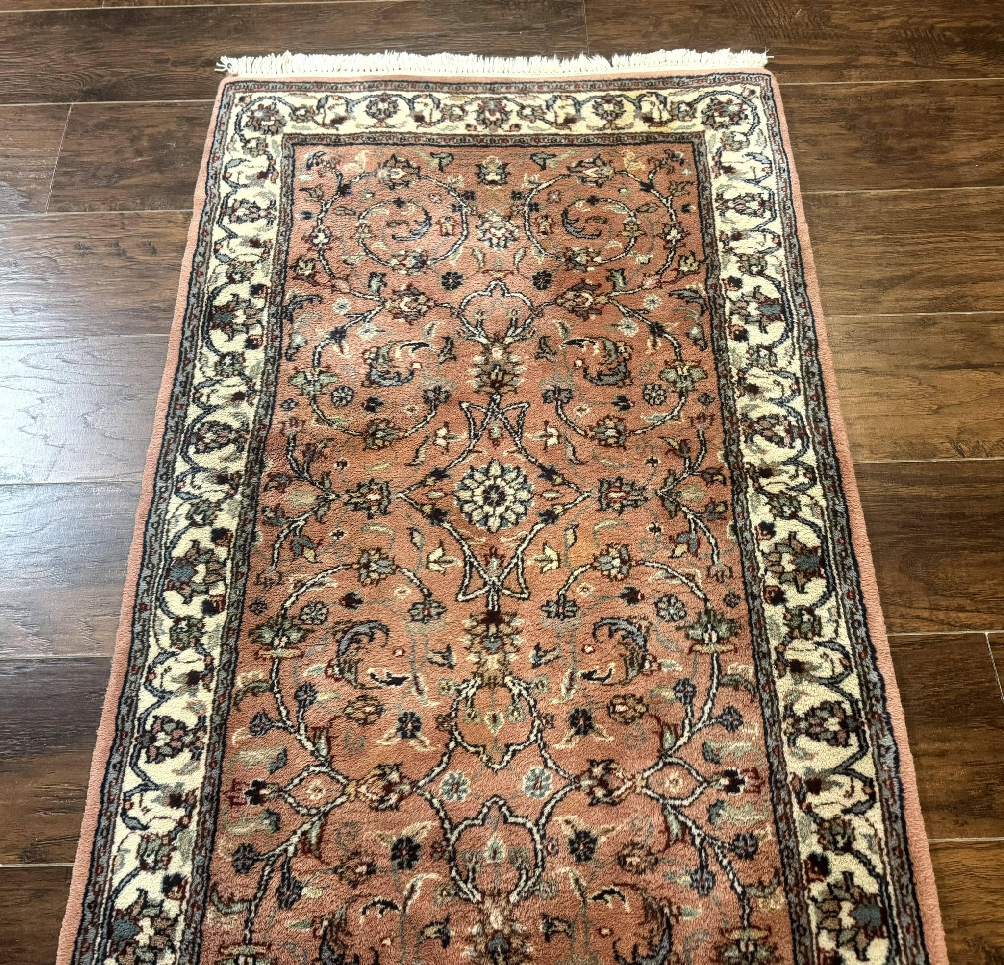 Indo Persian Runner Rug 2.6 x 10, Coral and Cream, Hand Knotted 10ft Wool Oriental Runner for Hallway or Kitchen by Jewel Rugs