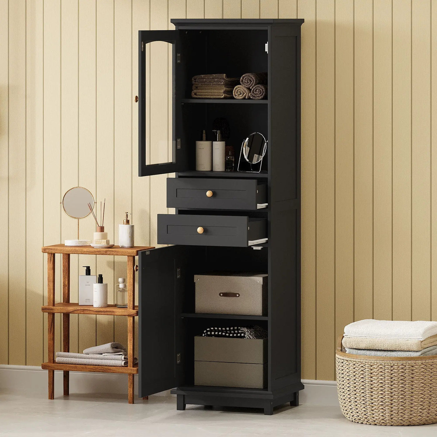 Tall Bathroom Storage Cabinet With Glass Doors, Free-Standing, Two Drawers, And Adjustable Shelves, Board, Painted Perfect For Displaying Your Favorite Items by HouseOfZazla