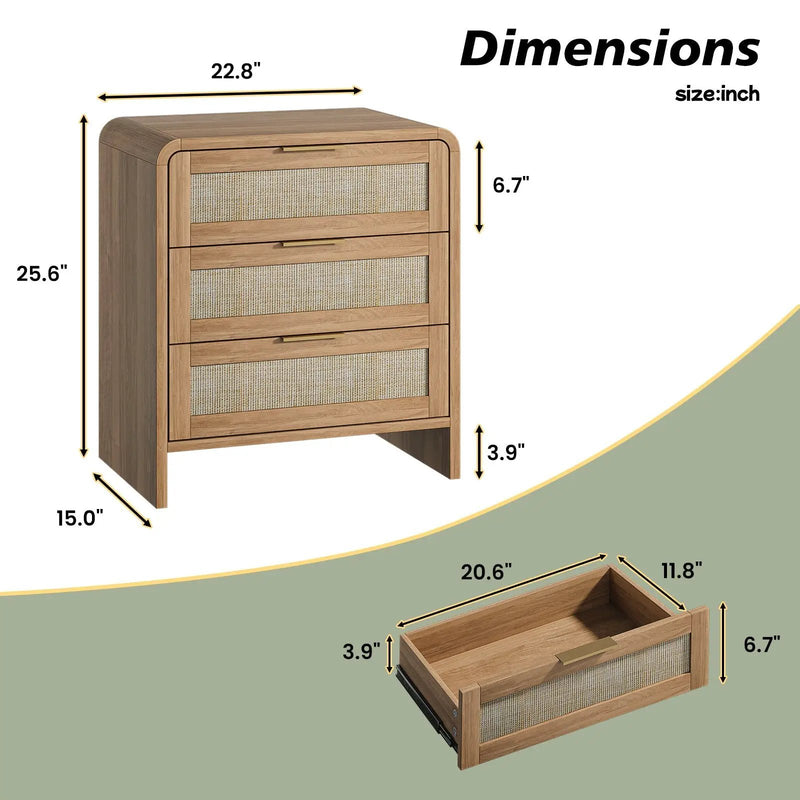 Rattan Nightstand Set of 2 with 3 Drawers in Caramel Oak by HouseOfZazla