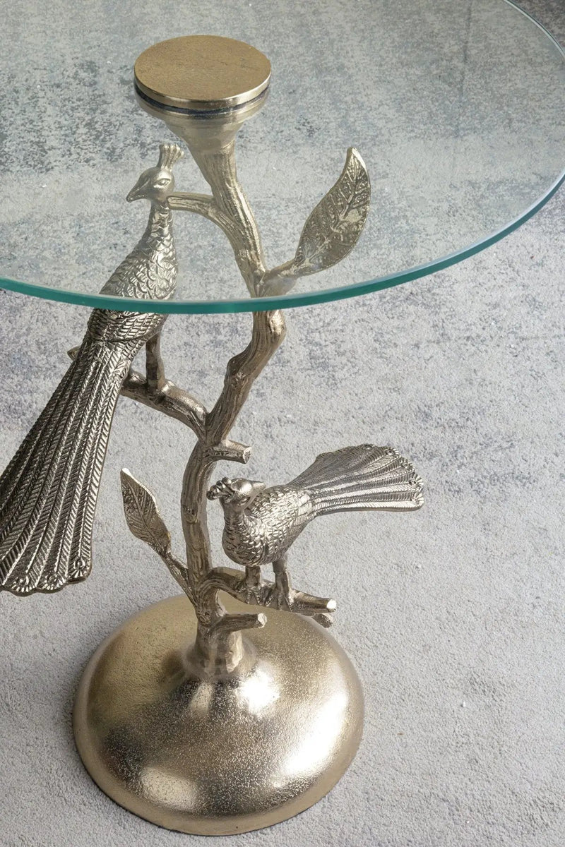 Gold Peacock Side Table with Round Glass Top by HouseOfZazla