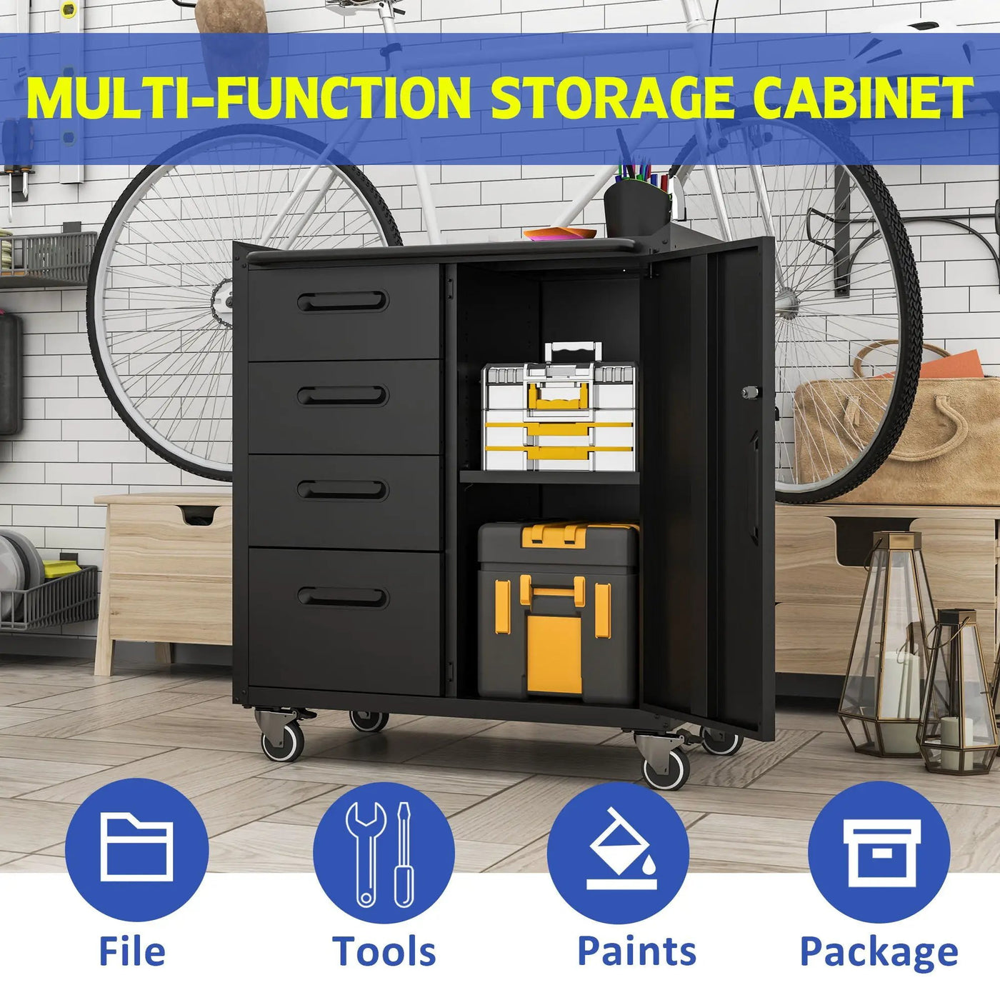 Sturdy Metal Tool Storage Cabinet With Wheels Durable Garage, Office & Home Organizer Steel by HouseOfZazla