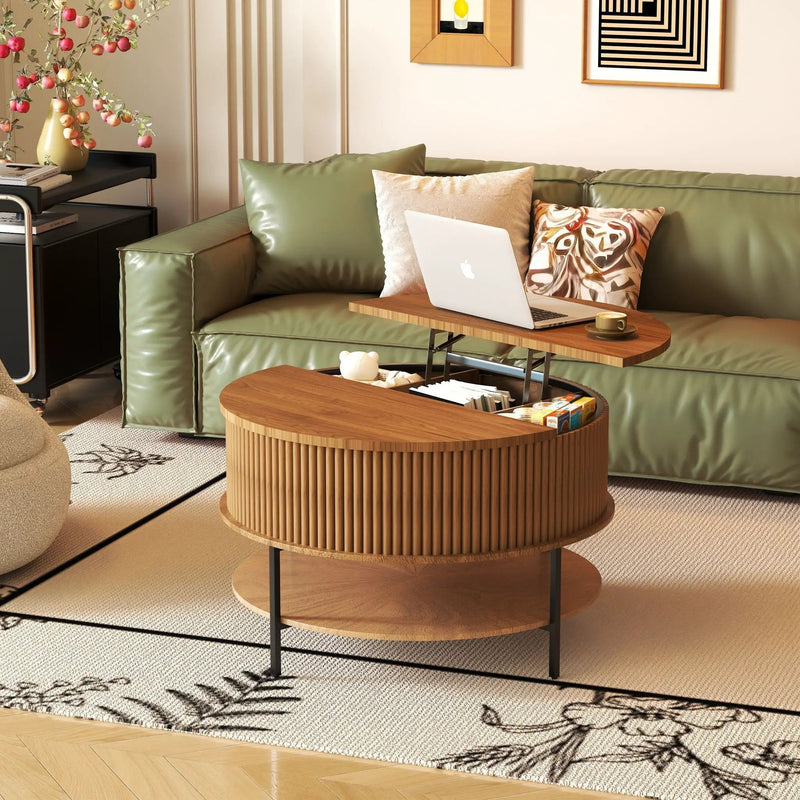 Lift Top Coffee Table with Round Storage and Reinforced Legs - Brown by HouseOfZazla
