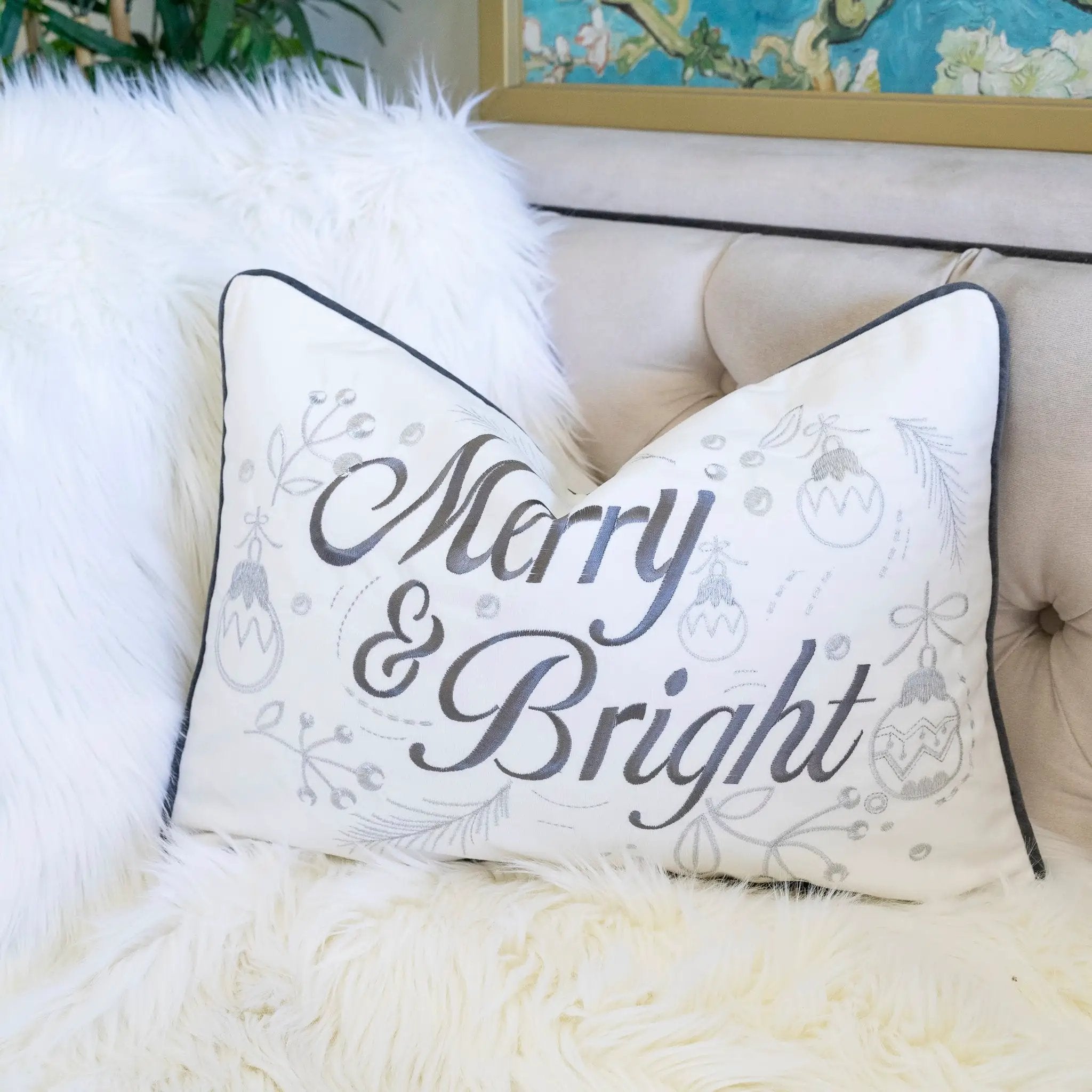 Merry & Bright Christmas Throw Pillow by HouseOfZazla