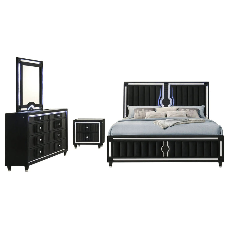 Ravenne 4-piece Velvet Upholstered Queen LED Bedroom Set Black by Unique Piece Furniture