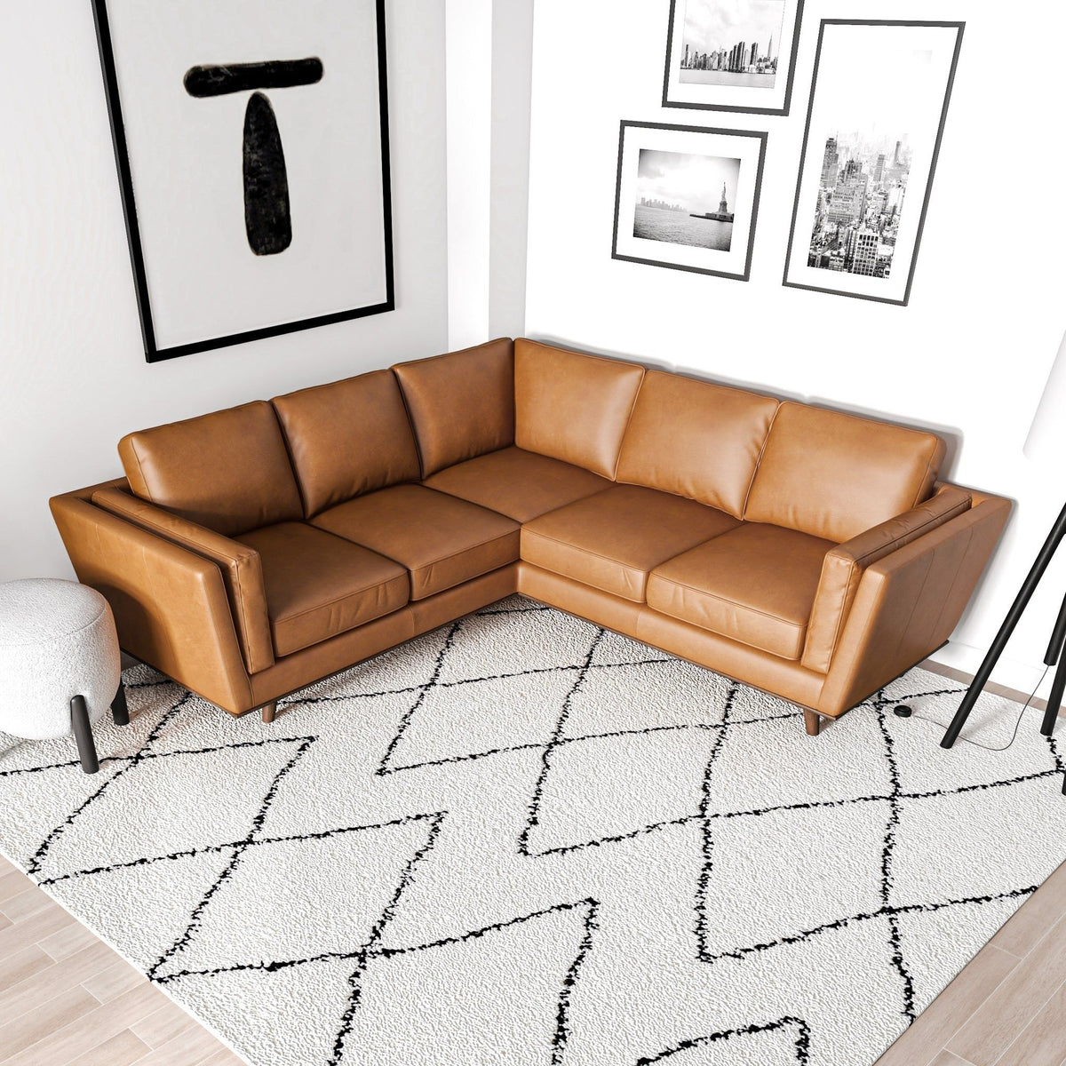 Tan Leather Corner Sectional Sofa with Eucalyptus Wood Frame - Tan, photo 5 of 10