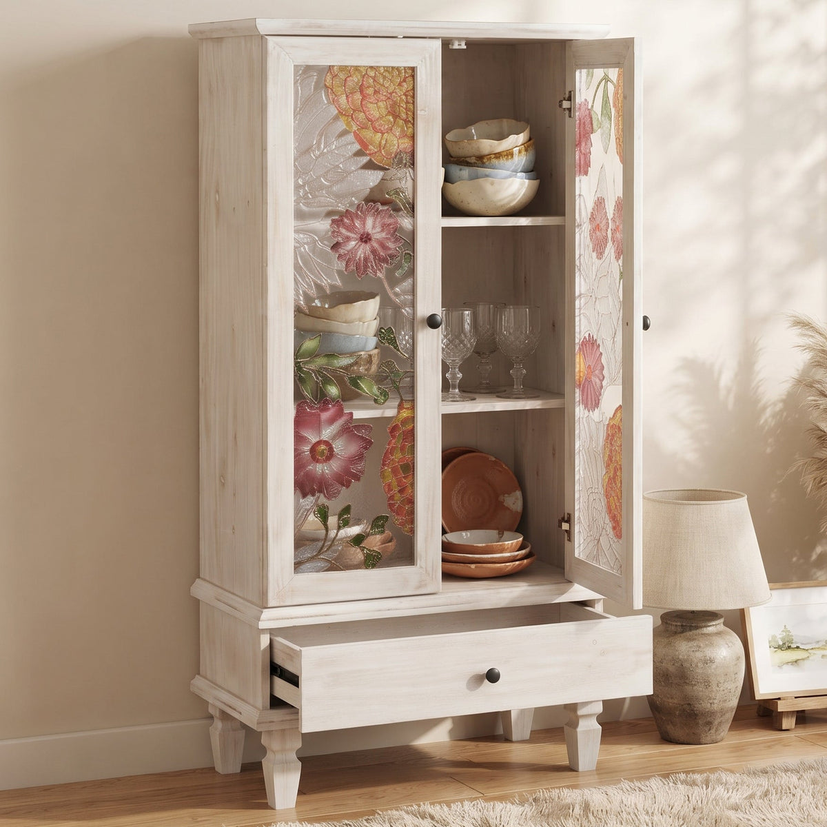 French Country Accent Cabinet with 2 Glass Doors and Drawers - White Antique, photo 5 of 10