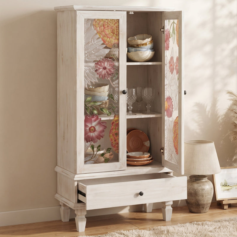French Country Accent Cabinet with 2 Glass Doors and Drawers - White Antique, photo 5 of 10