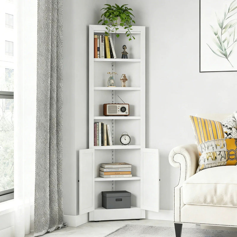 Tall Corner Storage Cabinet With 2 Doors, 5-Tier With Adjustable Shelve, Freestanding - White by Unique Piece Furniture