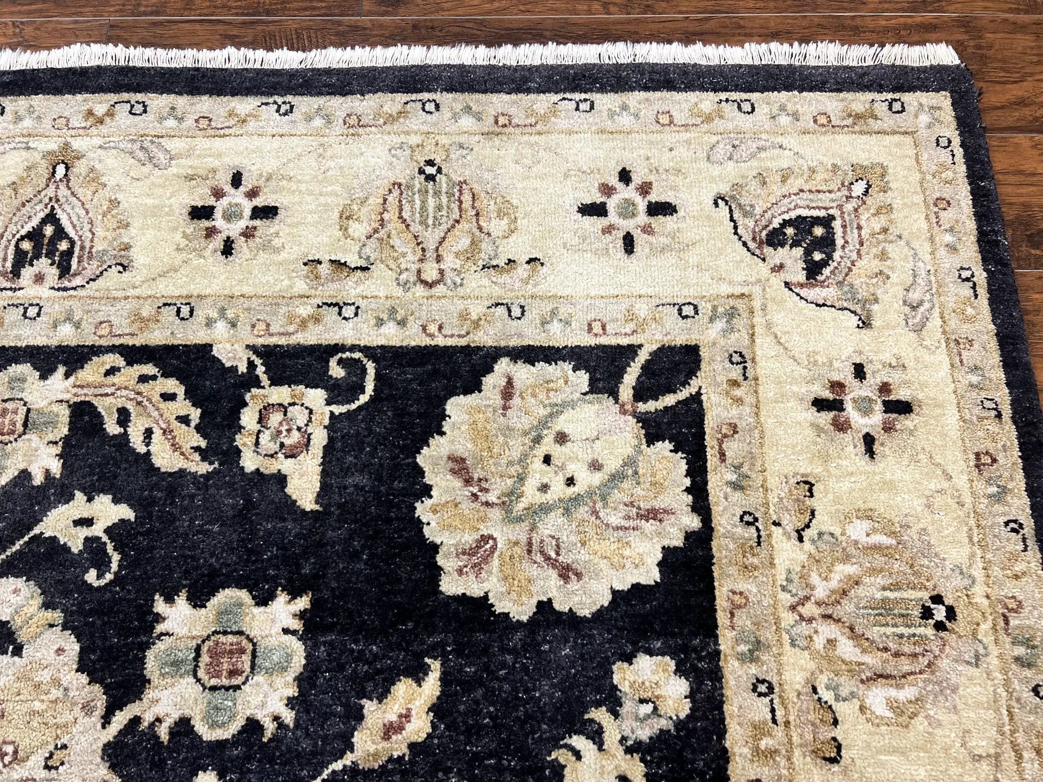 Indo Mahal Rug 8x10, Black and Beige, Vintage Rug 8 x 10 ft, Floral, Handmade Wool Carpet by Jewel Rugs