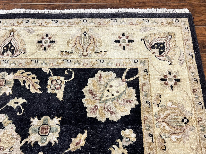 Indo Mahal Rug 8x10, Black and Beige, Vintage Rug 8 x 10 ft, Floral, Handmade Wool Carpet by Jewel Rugs