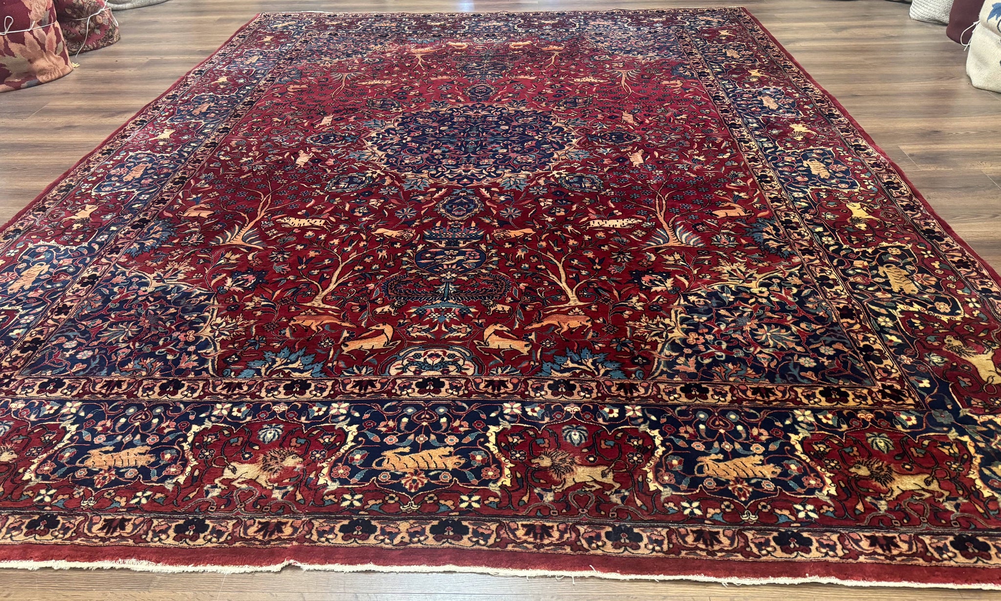 Antique Indo Persian Kerman Rug 9x12 Red Manchester Wool Animal Pictorials, Fine 290 KPSI by Jewel Rugs