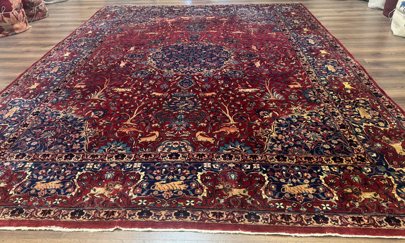 Antique Indo Persian Kerman Rug 9x12 Red Manchester Wool Animal Pictorials, Fine 290 KPSI by Jewel Rugs