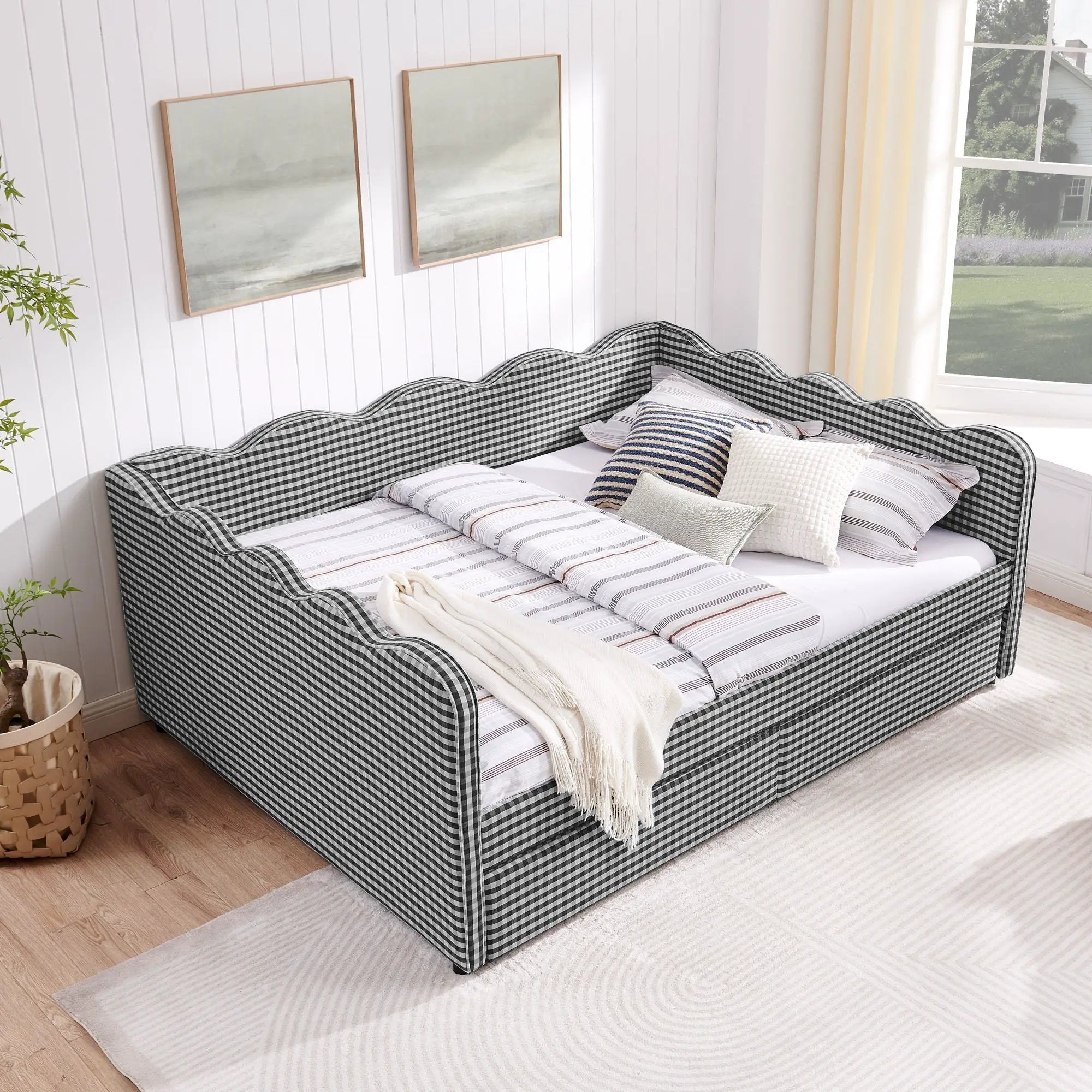 Gingham Daybed With USB Charging Port, Wave-Shaped Design by Unique Piece Furniture